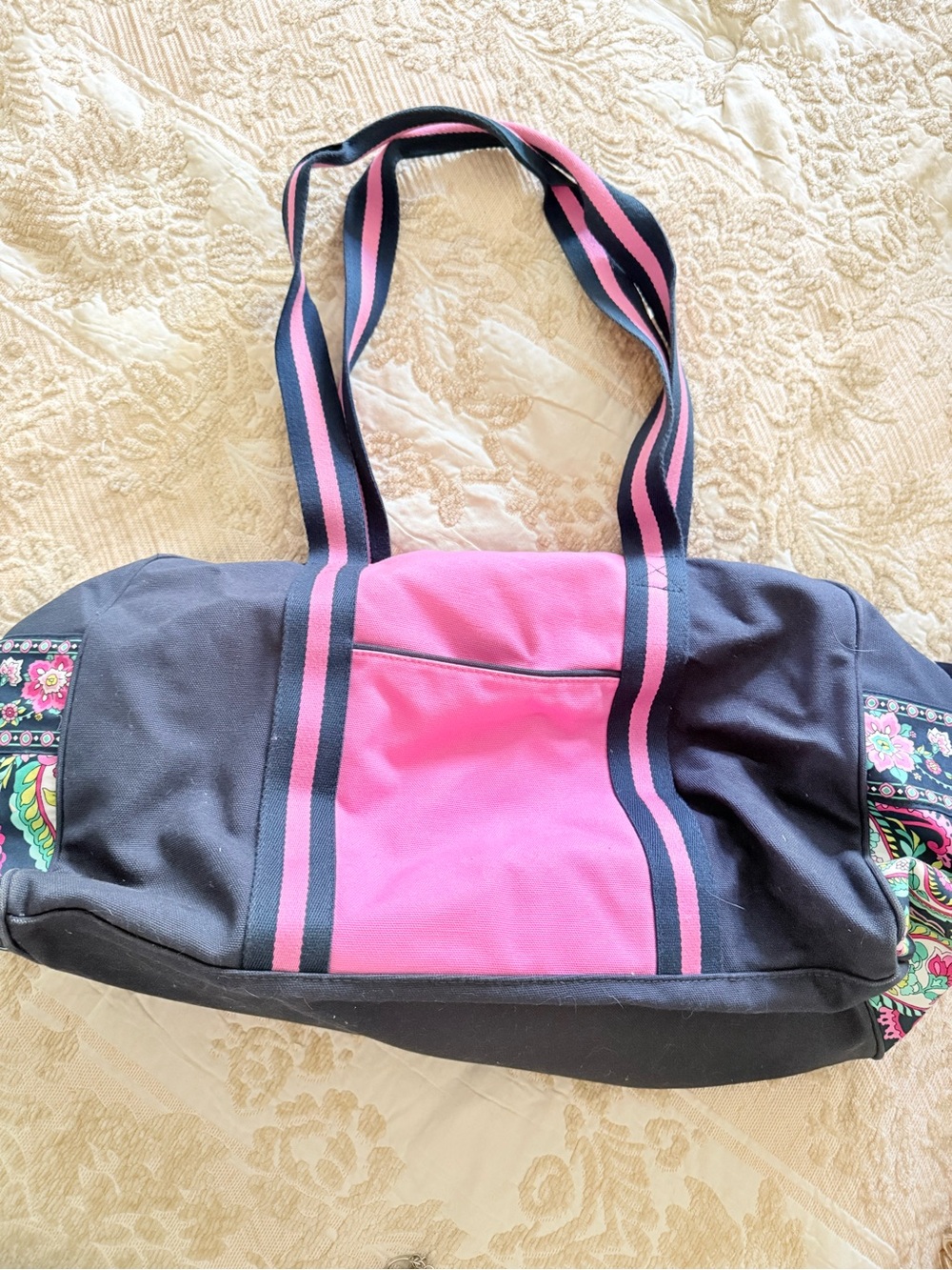 Vera Bradley Pink and Black Canvas Tote Bag with Floral Accent